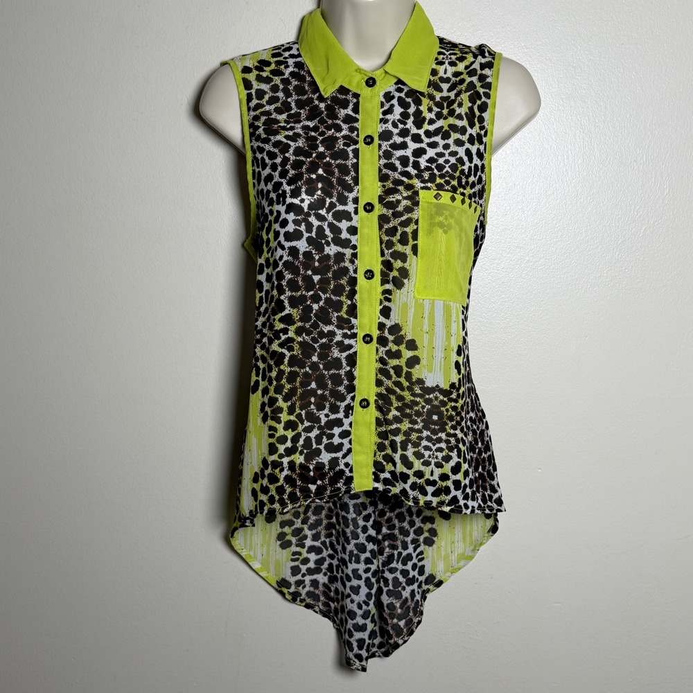 Bongo Womens Top Medium Lime Green Leopard Print Sheer Sleeveless High Low Studs